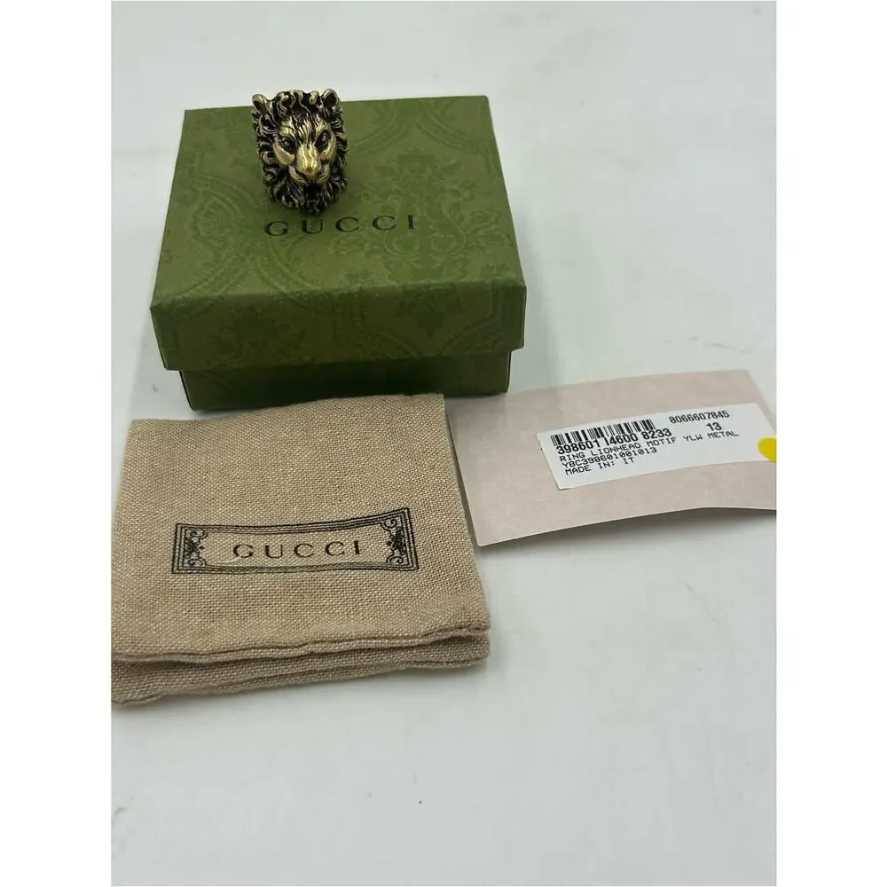 Unisex Gucci, iconic Lionhead ring gold tone brass finish size 6, made Italy